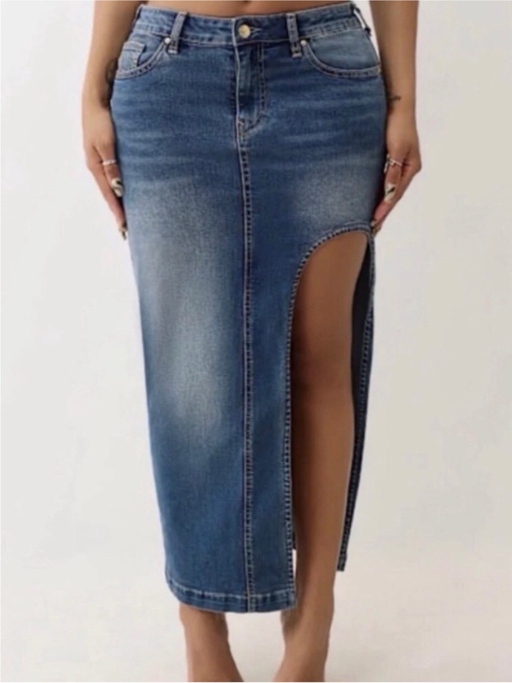 True religion Y2K Denim Midi Skirt with High Side Slit - Blue